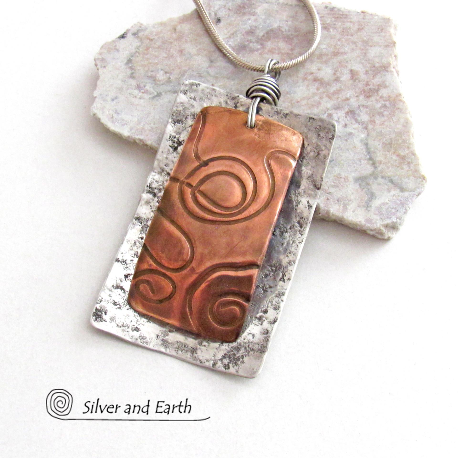 Mixed Metal Pendant Necklace with Textured Sterling Silver Copper
